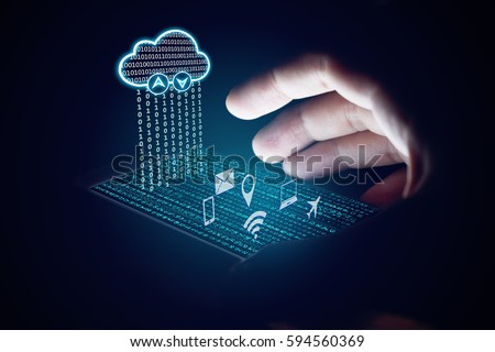 Cloud computing concept, Woman using smartphone and protection with virsual screen.