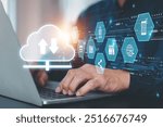 Cloud computing concepts of database storage technology file data transfer sharing cyber security or big data information online or computer download upload backup cloud drive.