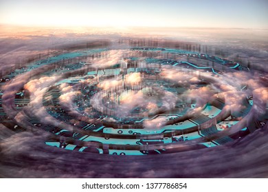 Cloud computing conceptual collage with concentric motherboard circles above the clouds.