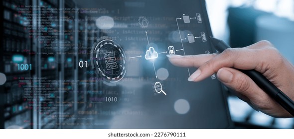 cloud computing. Data backup and storage. Concept for networking and internet services. Using a cloud computing diagram, a man is seen using a laptop and a phone. - Powered by Shutterstock - Get 15% off with code: PIKWIZARD15