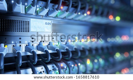 Cloud computing data center high quality seamless looped animation of network devices with blinking lights with network ports
