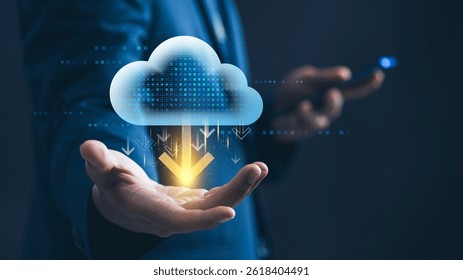 Cloud computing and data management. businessman presents a glowing cloud computing with a download symbol, representing cloud based storage, secure file transfer, and digital business innovation.