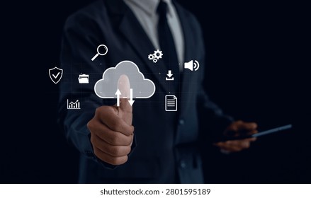 Cloud computing and data management concept featuring secure cloud storage, file synchronization, digital collaboration, cloud infrastructure, data transfer, and business technology solutions.