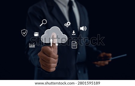 Cloud computing and data management concept featuring secure cloud storage, file synchronization, digital collaboration, cloud infrastructure, data transfer, and business technology solutions.