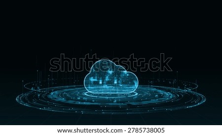 Cloud computing data storage secure network icon glows above a futuristic data platform with cyan circuitry, dark technology background, and wide copy space.