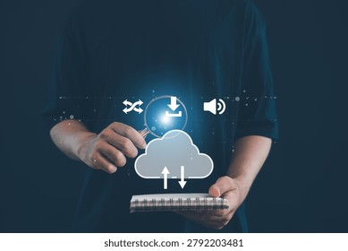 Cloud computing and data synchronization concept featuring cloud storage, file transfer, digital connectivity, online backup, data sharing, network technology, and secure information access.