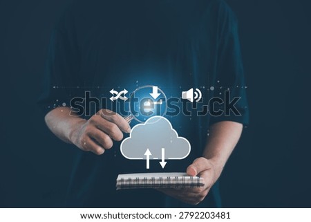 Cloud computing and data synchronization concept featuring cloud storage, file transfer, digital connectivity, online backup, data sharing, network technology, and secure information access.