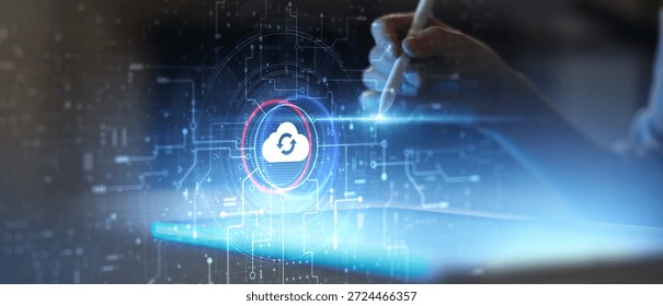 Cloud Computing and Data Synchronization Technology Illustrated on Futuristic Digital Interface.