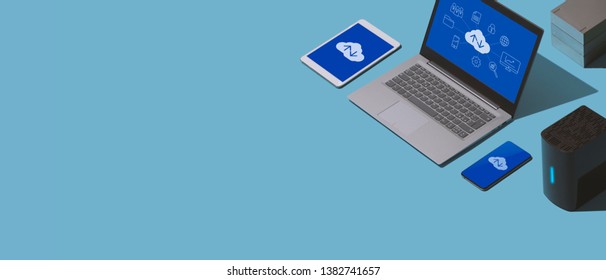 Cloud computing, data transmission, storage and backup concept: isometric computer, servers and hard disks, blank copy space