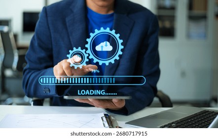 Cloud computing with data upload, download, and storage technology. Perfect for digital business, IT process, innovation, and online connection visuals.