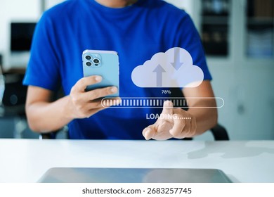 Cloud computing with data upload, download, and storage technology. Perfect for digital business, IT process, innovation, and online connection visuals.	