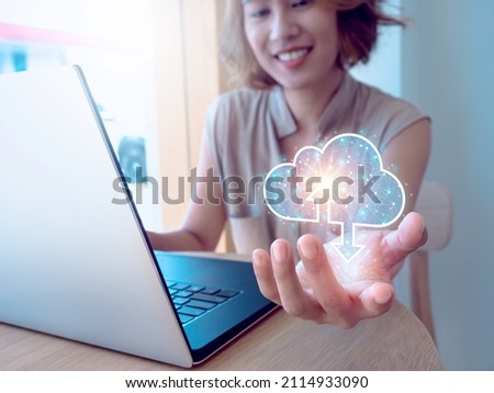 Cloud computing diagram, big data center, future infrastructure, networking, and internet service concept. Cloud technology data storage, virtual icon in Asian woman hand while using laptop computer.