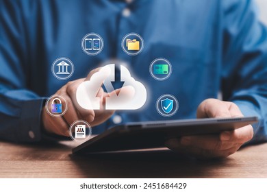 Cloud computing diagram and cyber security concept, Businessman show cloud network icon with tablets and personal data management data storage. Networking protection and Internet service