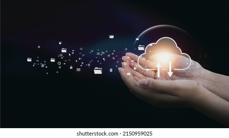 Cloud computing diagram show on hand. Cloud technology. Data storage. Networking and internet service concept. Futuristic tone purple, neon color.