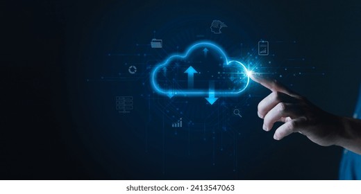 Cloud computing diagram show on hand.Data storage.the use of online digital network technology in business, online digital marketplace.Cloud tech system sharing management for upload download transfer - Powered by Shutterstock