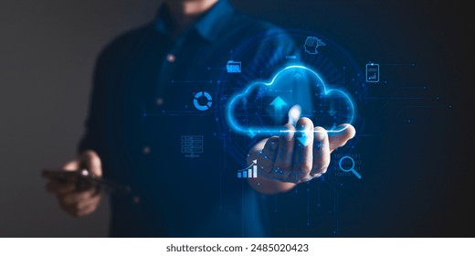 Cloud computing diagram show on hand.Data storage.the use of online digital network technology in business, online digital marketplace.Cloud tech system sharing management for upload download transfer