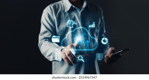 Cloud computing diagram show on hand.Data storage.the use of online digital network technology in business, online digital marketplace.Cloud tech system sharing management for upload download transfer