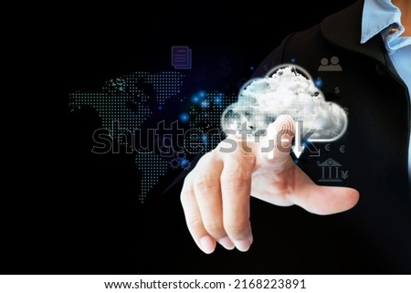 Cloud computing diagram show on hand. Cloud technology. Networking and internet service concept.