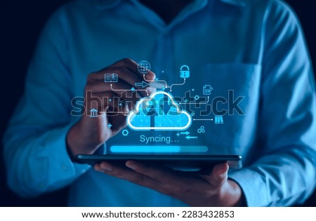 Cloud computing diagram show on virtual screen. Cloud syncing technology. Data storage. Network internet service concept, Big Data, upload, download, database, Information system management technology
