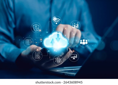 Cloud computing diagram showing cloud technology and infographic icons in hand. Cloud storage with cloud technology concept, network and internet service.