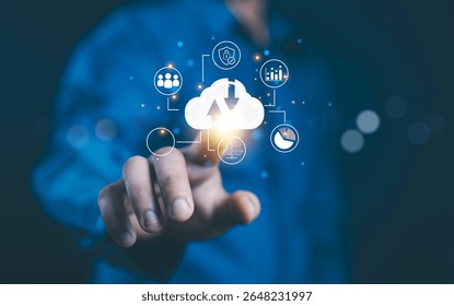 Cloud computing diagram showing cloud technology and infographic icons in hand. Cloud storage with cloud technology concept, network and internet service.