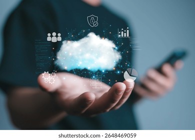 Cloud computing diagram showing cloud technology and infographic icons in hand. Cloud storage with cloud technology concept, network and internet service.