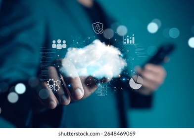 Cloud computing diagram showing cloud technology and infographic icons in hand. Cloud storage with cloud technology concept, network and internet service.