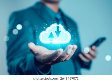 Cloud computing diagram showing cloud technology and infographic icons in hand. Cloud storage with cloud technology concept, network and internet service.