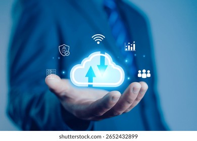 Cloud computing diagram showing cloud technology and infographic icons in hand. Cloud storage with cloud technology concept, network and internet service.
