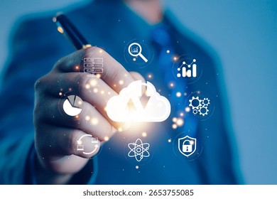 Cloud computing diagram showing cloud technology and infographic icons in hand. Cloud storage with cloud technology concept, network and internet service.