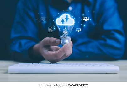 Cloud computing diagram showing cloud technology and infographic icons in hand. Cloud storage with cloud technology concept, network and internet service.