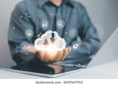 Cloud computing diagram showing cloud technology and infographic icons in hand. Cloud storage with cloud technology concept, network and internet service.