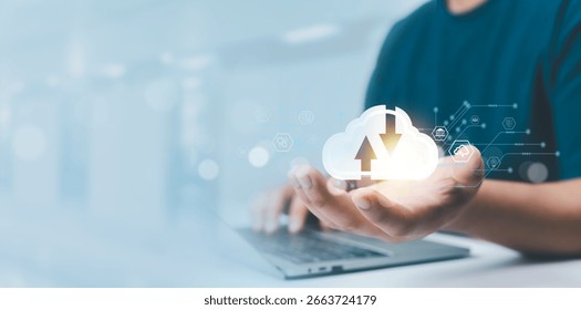 Cloud computing diagram showing cloud technology and infographic icons in hand. Cloud storage with cloud technology concept, network and internet service.