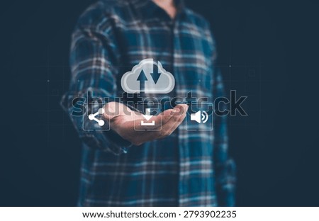 Cloud computing and digital file management concept with upload and download icons, representing cloud storage, data sharing, online backup, content distribution, and remote access.