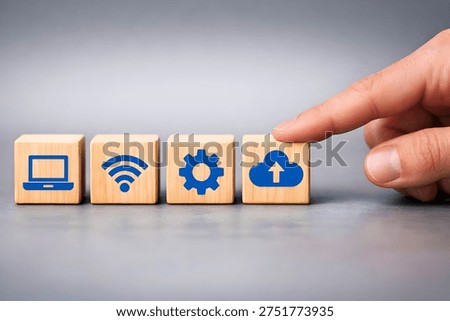 Cloud Computing and Digital Infrastructure Concept with Wooden Blocks representing Network Connectivity and Data Upload