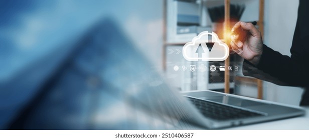 Cloud computing for digital transformation, businessman using laptop to file transfer protocol or digital sharing with icons screen at office room, document management, business paperless operate.