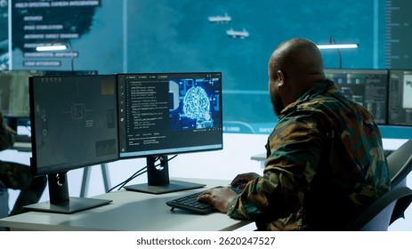 Cloud computing expert using new technology AI brain to learn intelligence for national defense missions, operating laptop to gather information from cctv systems. Neural network. Camera A.