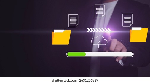 Cloud Computing. file transfer holographic AI technology icon, backup storage, artificial intelligence, cloud storage technology concept