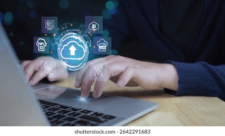 cloud computing with a glowing holographic interface, showcasing data connections, AI, cybersecurity, and cloud-based services. Ideal for concepts related to technology, innovation, cloud storage