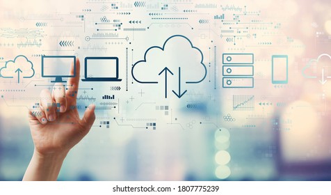 Cloud computing with hand pressing a button on a technology screen