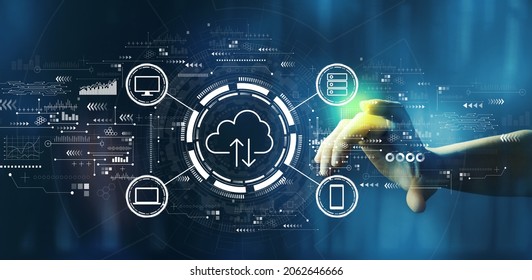 Cloud computing with hand pressing a button on a technology screen