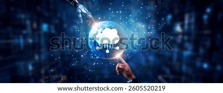 Cloud Computing: Hands of robot and human touching on cloud computing icon global network connection, scalability, cybersecurity, virtualization, automation, and artificial intelligence technology.