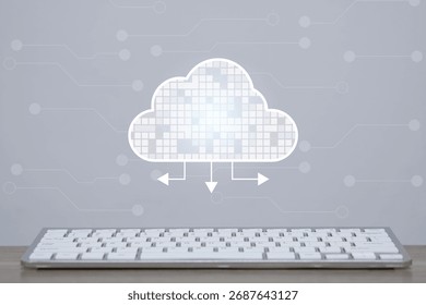 Cloud computing icon above keyboard represents data storage, cloud technology, digital transformation, and online connectivity perfect for illustrating IT infrastructure and modern tech solutions.