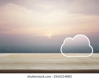  Cloud computing icon with copy space on wooden table over aerial view of cityscape at sunset, vintage style, Technology cloud computing concept