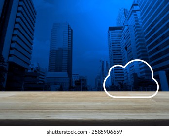  Cloud computing icon with copy space on wooden table over modern office city tower and skyscraper, Technology cloud computing concept