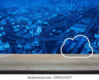  Cloud computing icon with copy space on wooden table over modern office city tower and skyscraper, Technology cloud computing concept