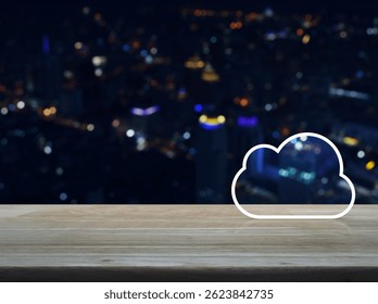 Cloud computing icon with copy space on wooden table over blur colorful night light modern city tower and skyscraper, Technology cloud computing concept