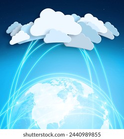 Cloud computing, icon and global with graphic, data and connectivity with digital transformation. Networking, futuristic expansion and information technology with online server for earth with map