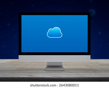 Cloud computing icon on modern computer monitor screen on wooden table over fantasy night sky and moon, Technology cloud computing concept