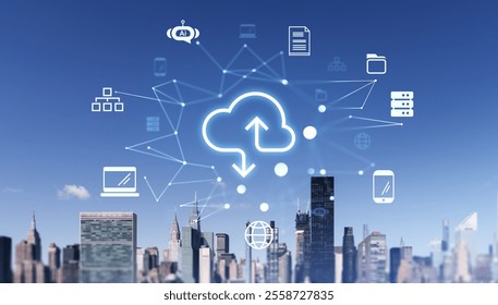 Cloud computing icons overlaying Manhattan skyline, emphasizing digital connectivity, storage, and remote data sharing concepts